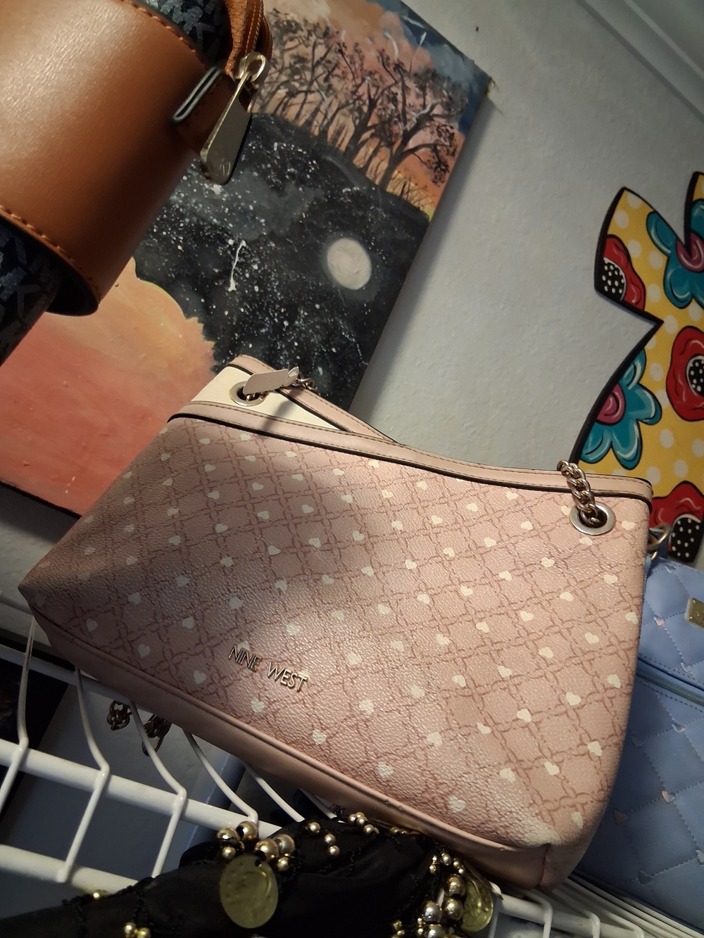 Nine West Powder Pink Patterned Shoulder Bag with Gold Hardware